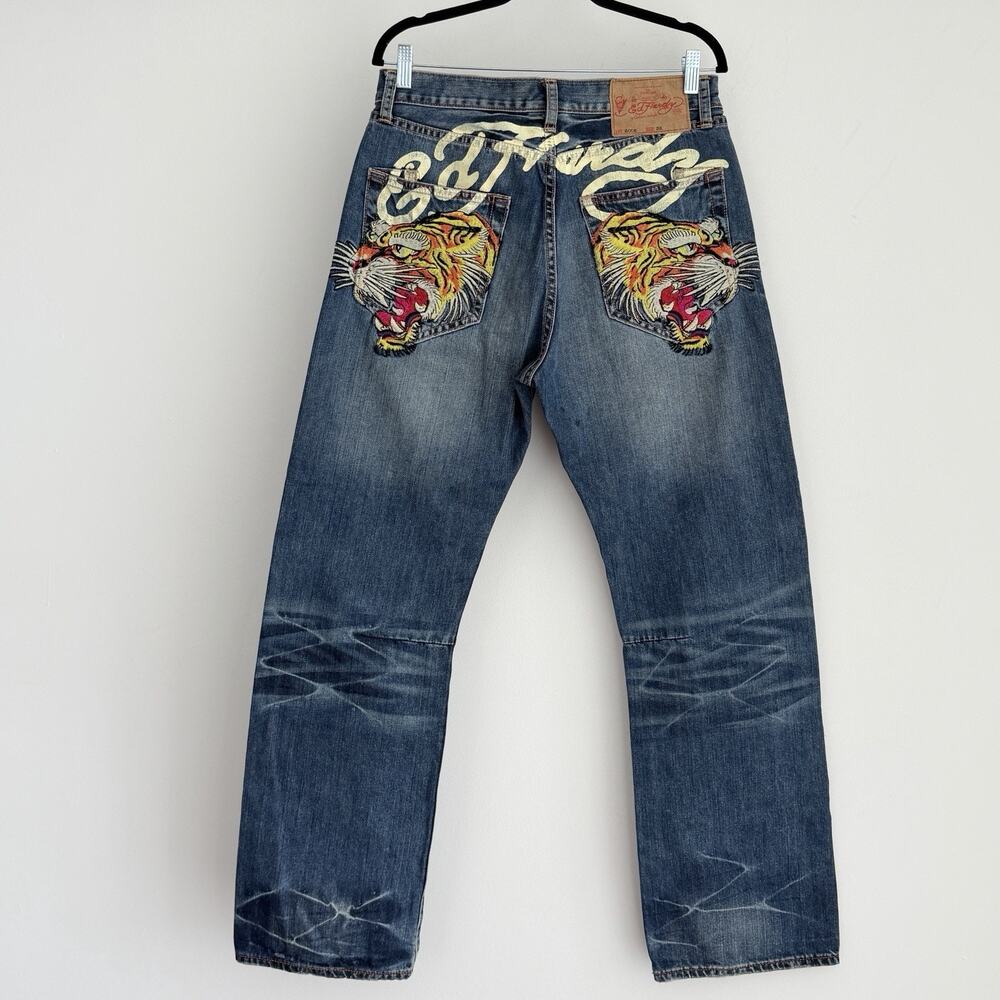 Vintage Ed Hardy Jeans Men 32x32 Double Tiger Embroidered Y2K Baggy Whisker Bike
